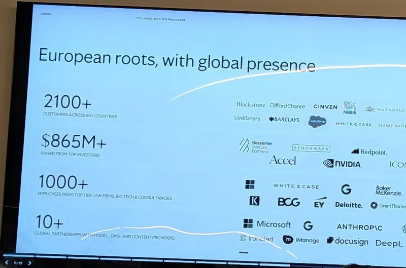 Legora slide: customers, funding, team size and model partnerships